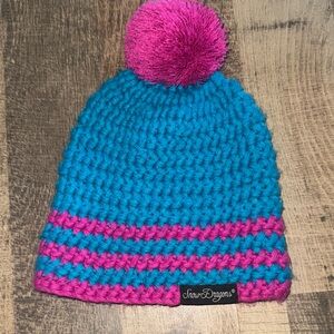 Snow Dragons" Hand-Knit Bright Blue & Hot Pink Pom-Pom Beanie Hat
